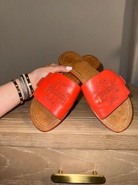 Tory Burch Bright Orange Leather Slide Sandals